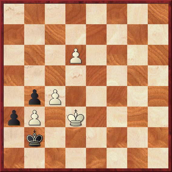 Wei: Ka1, Lc1, Sf5, f6; Schwarz: Kh8, Lc8, Tg6